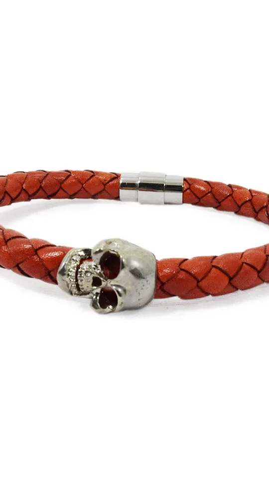 Skull Leather Bracelet Red