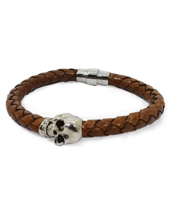 Skull Leather Bracelet Brown