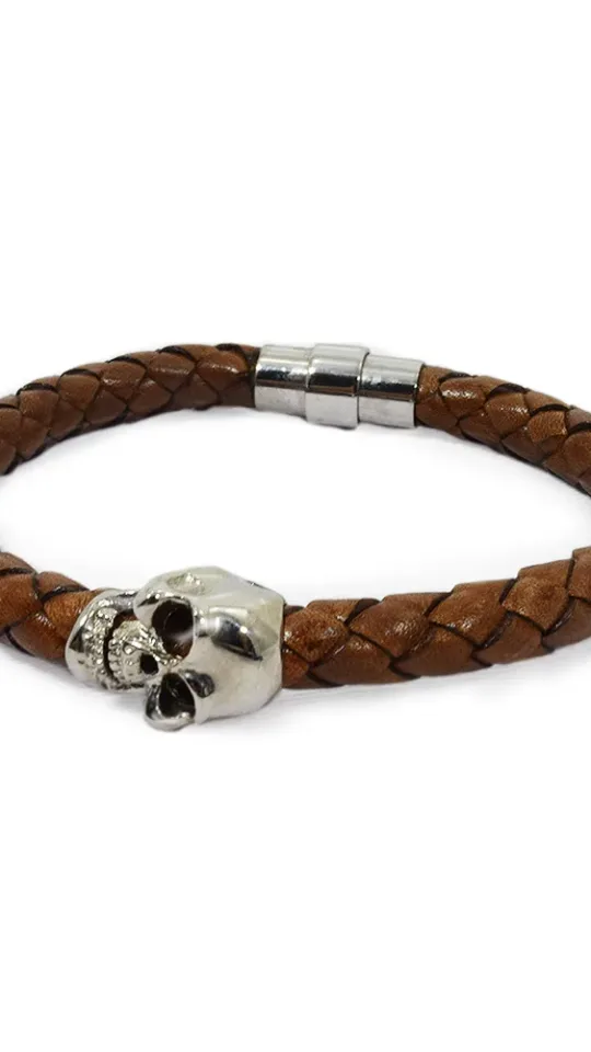 Skull Leather Bracelet Brown