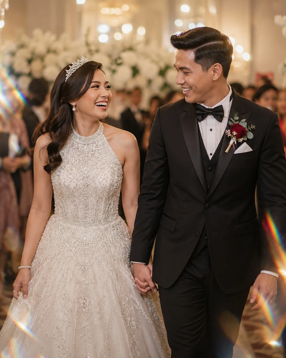Pengantin pria mengenakan tuksedo pernikahan hitam bespoke oleh Laxmi Tailors Surabaya di resepsi pernikahannya