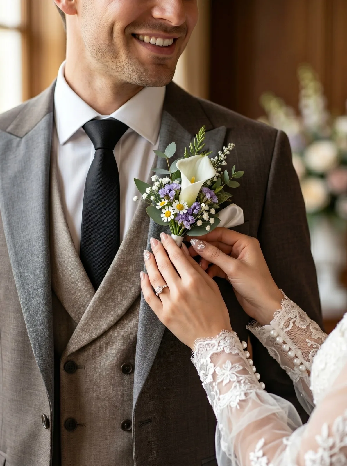 Close-up boutonniere pernikahan yang sedang disematkan pada jas pernikahan abu-abu bespoke oleh Laxmi Tailors Surabaya