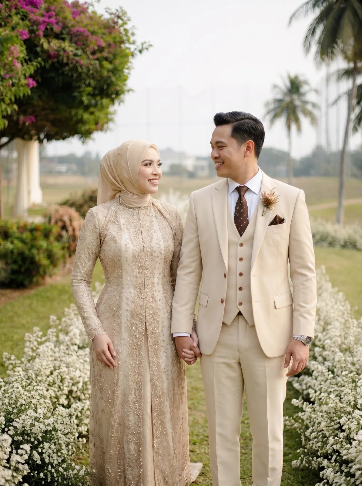 Pengantin pria mengenakan jas pernikahan three-piece bespoke krem oleh Laxmi Tailors Surabaya, potret taman bersama pengantin wanita
