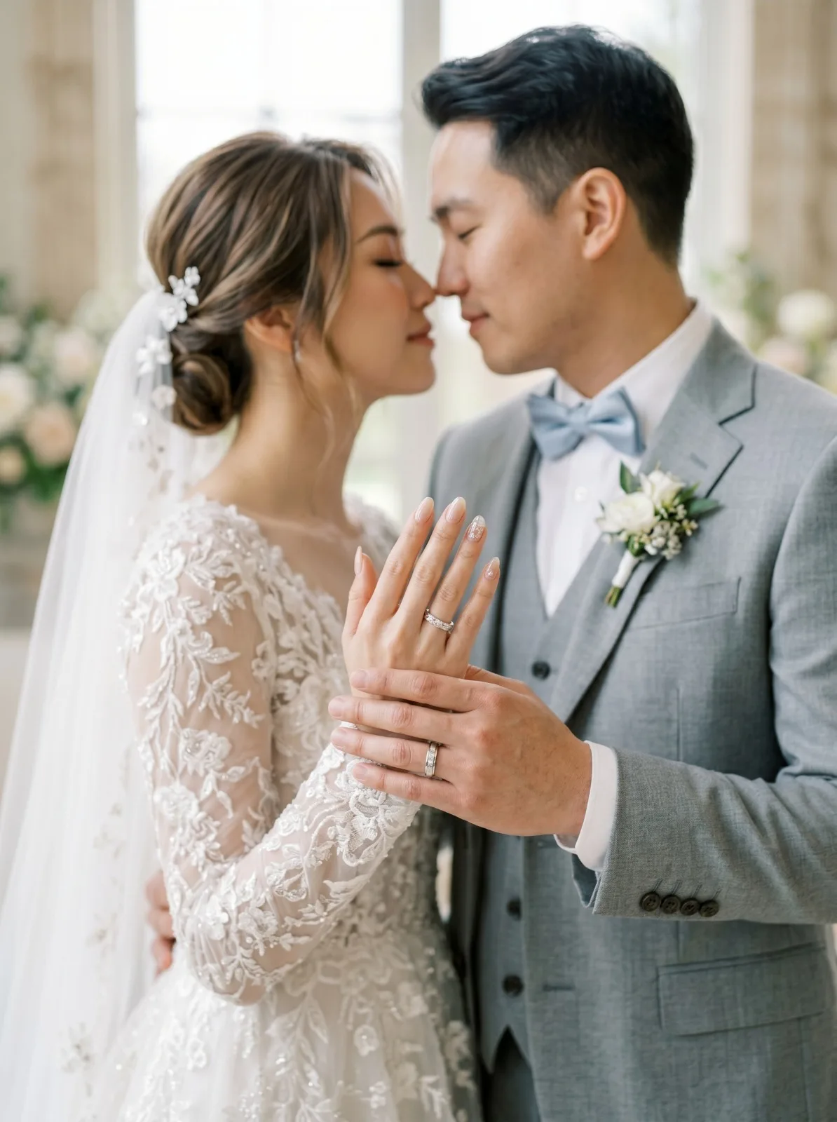 Pengantin pria mengenakan jas pernikahan three-piece abu-abu dengan dasi kupu-kupu dusty blue oleh Laxmi Tailors Surabaya, detail cincin pernikahan