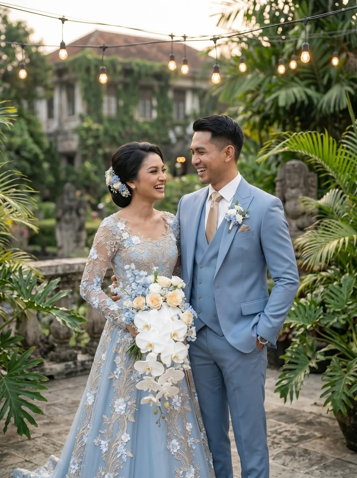 Pengantin pria mengenakan jas pernikahan three-piece bespoke powder-blue oleh Laxmi Tailors Surabaya, potret pernikahan taman bersama pengantin wanita