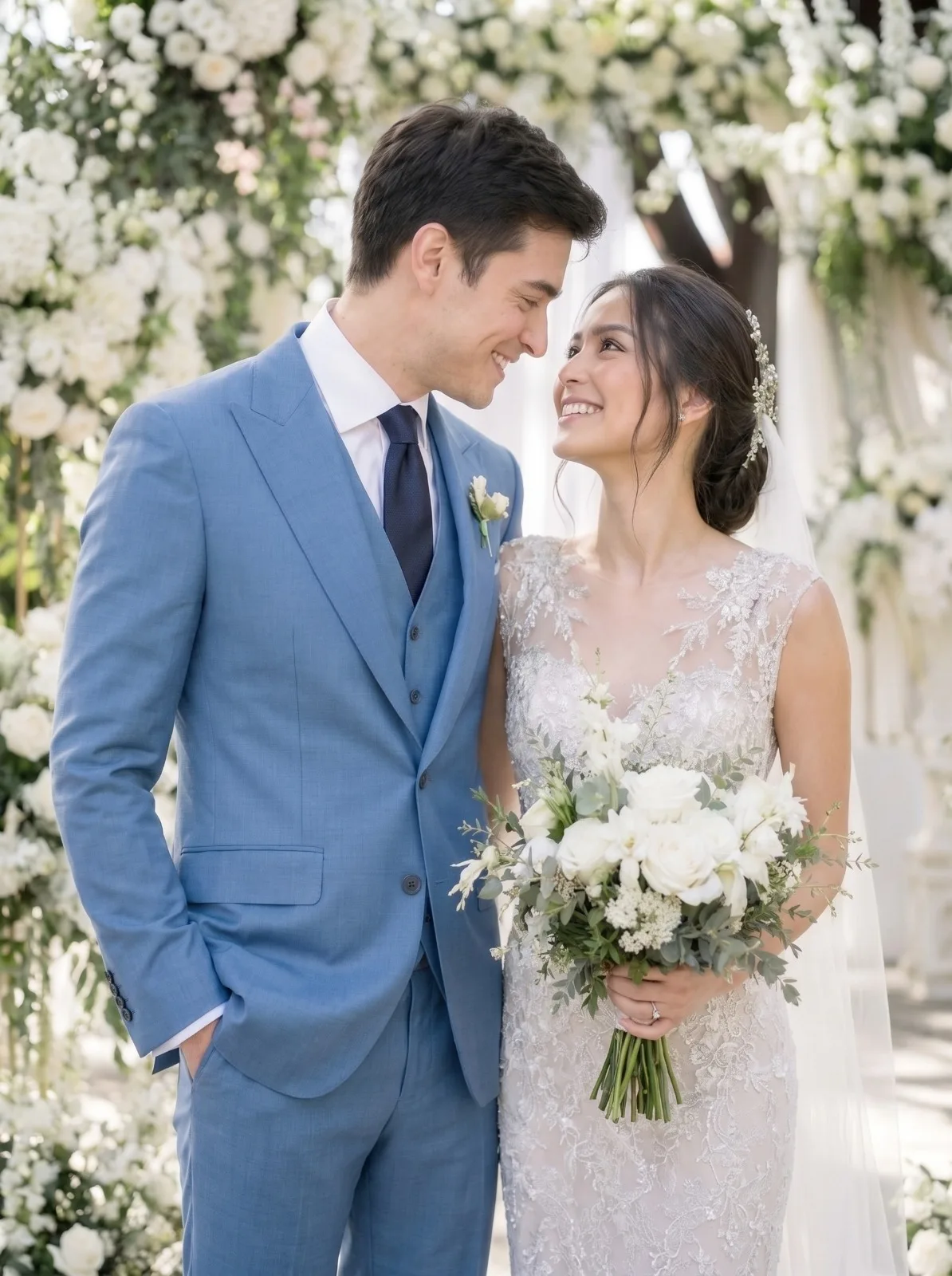 Groom in a dusty blue bespoke three-piece wedding suit by Laxmi Tailors with the bride under a white floral arch
