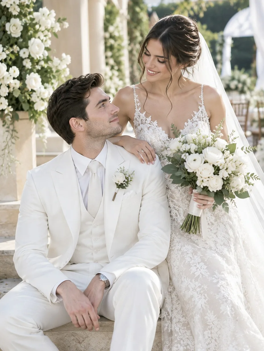 Groom in an ivory bespoke three-piece wedding suit by Laxmi Tailors, seated on terrace steps with the bride