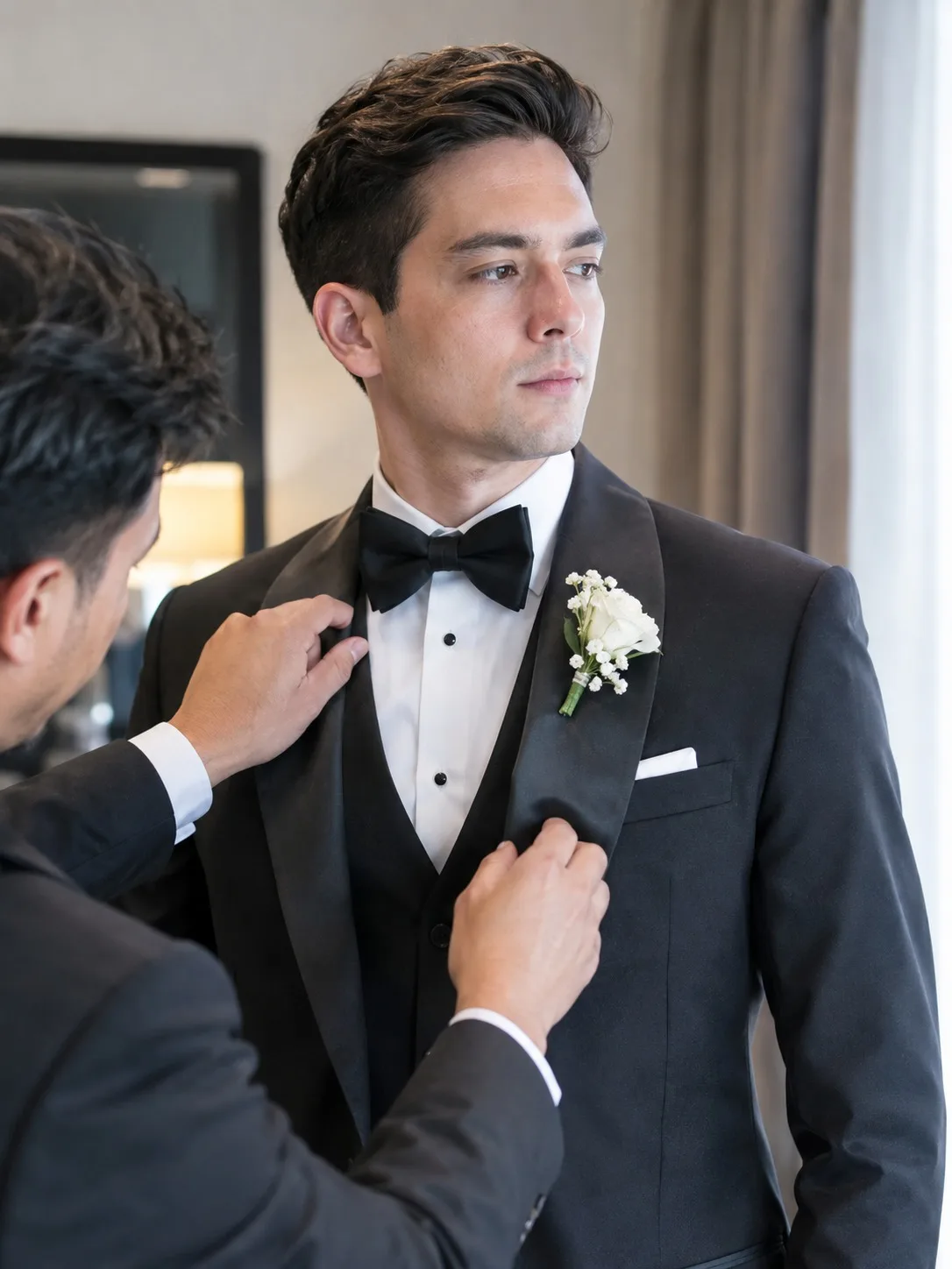 Groom in a black bespoke shawl-lapel tuxedo by Laxmi Tailors as the satin lapel is adjusted by hand