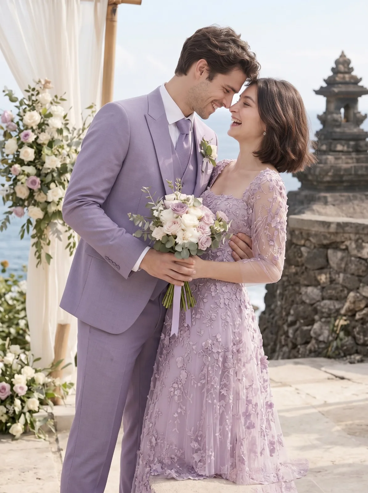 Groom in a lilac bespoke three-piece wedding suit by Laxmi Tailors with the bride at a clifftop seaside ceremony