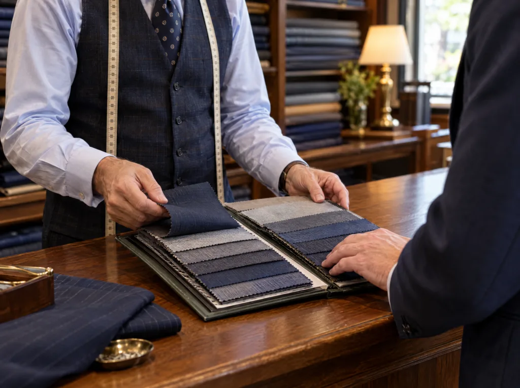 Master tailor showing a client a book of lightweight suiting swatches at a bespoke tailoring atelier in Jakarta