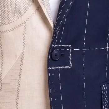 Detail of hand basting stitches on the front of a Bespoke Handmade suit