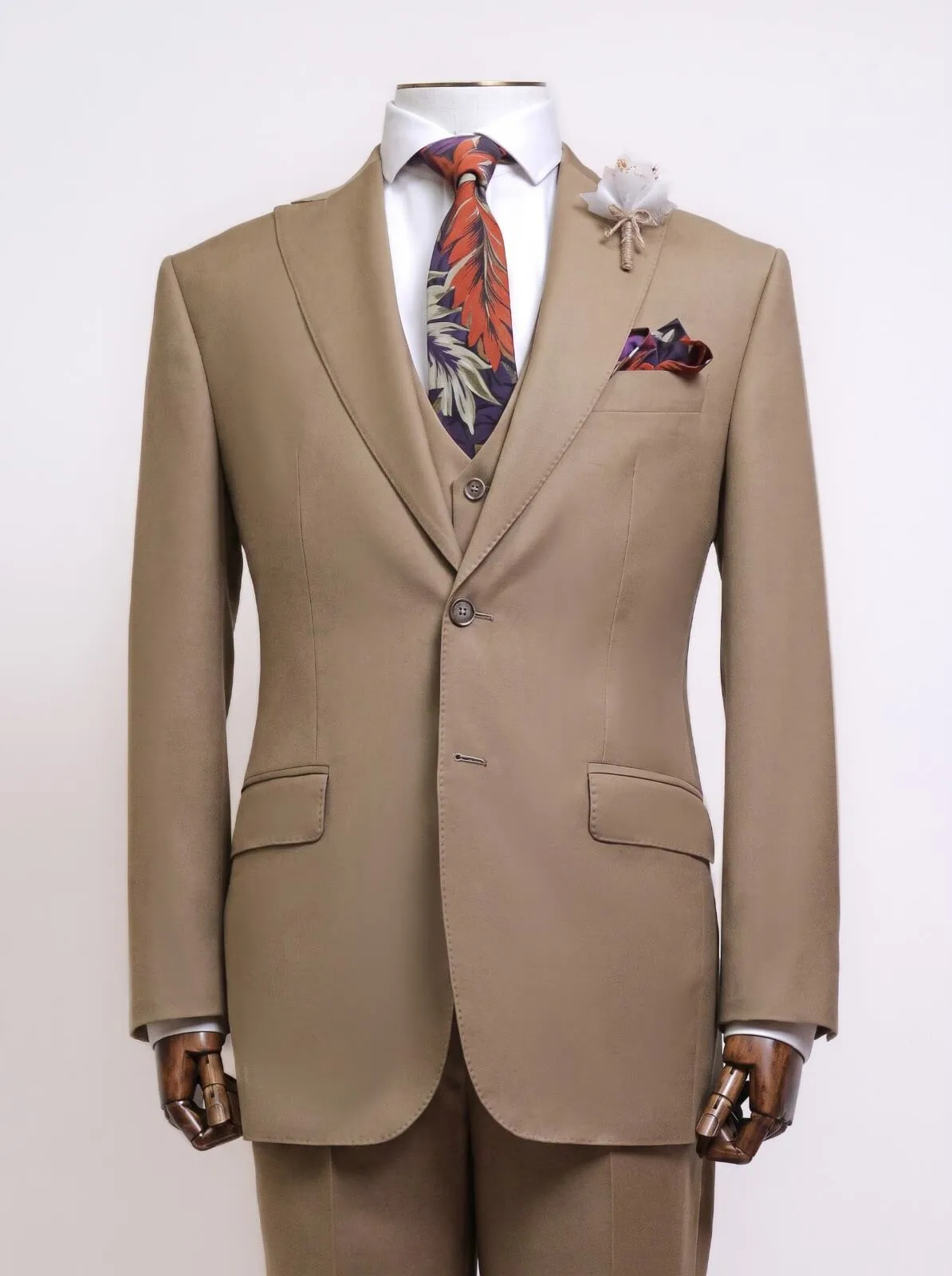 Khaki three-piece Bespoke Classic suit by Laxmi Tailors