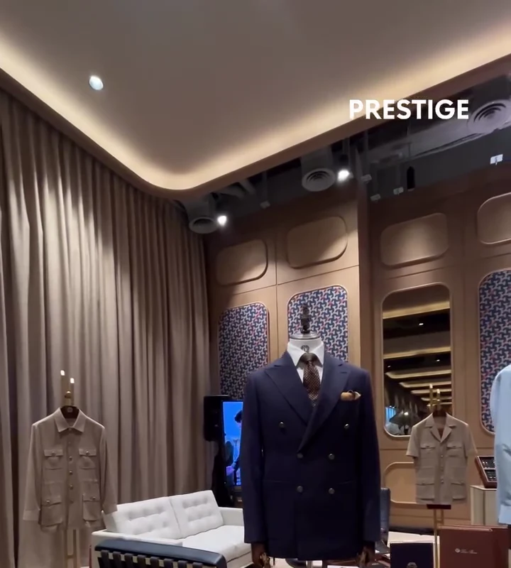 Laxmi Tailors booth with navy double-breasted bespoke suit and safari jackets at Prestige 40 Under 40, 25hours Hotel Jakarta