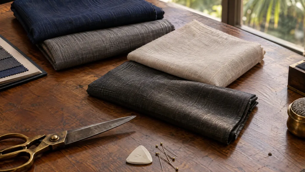 Lightweight tropical suiting fabrics in navy, grey, stone linen and charcoal mohair on a bespoke tailor's cutting table at Laxmi Tailors Jakarta