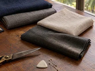 Lightweight tropical suiting fabrics in navy, grey, stone linen and charcoal mohair on a bespoke tailor's cutting table at Laxmi Tailors Jakarta